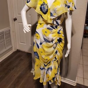 Eliza J yellow and blue floral chiffon dress